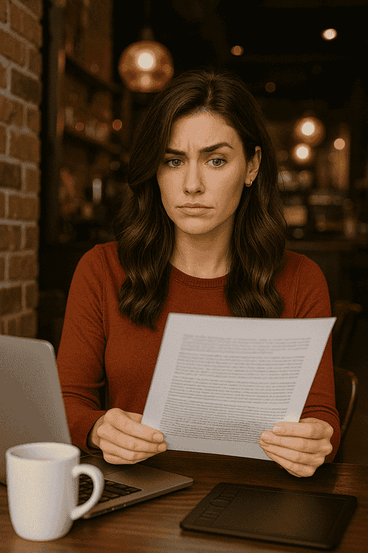 Freelancer reviewing contract terms and conditions in a comfortable workspace with coffee and laptop