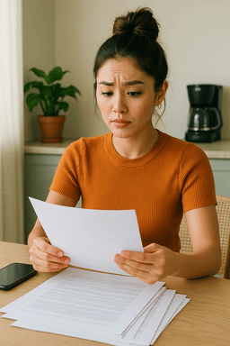 Woman carefully reviewing divorce agreement and legal documents at home