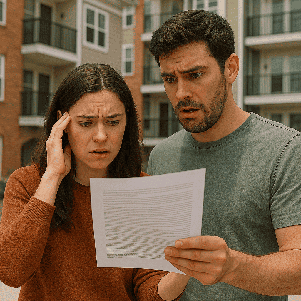 Stressed couple reviewing lease contract with concern about hidden clauses