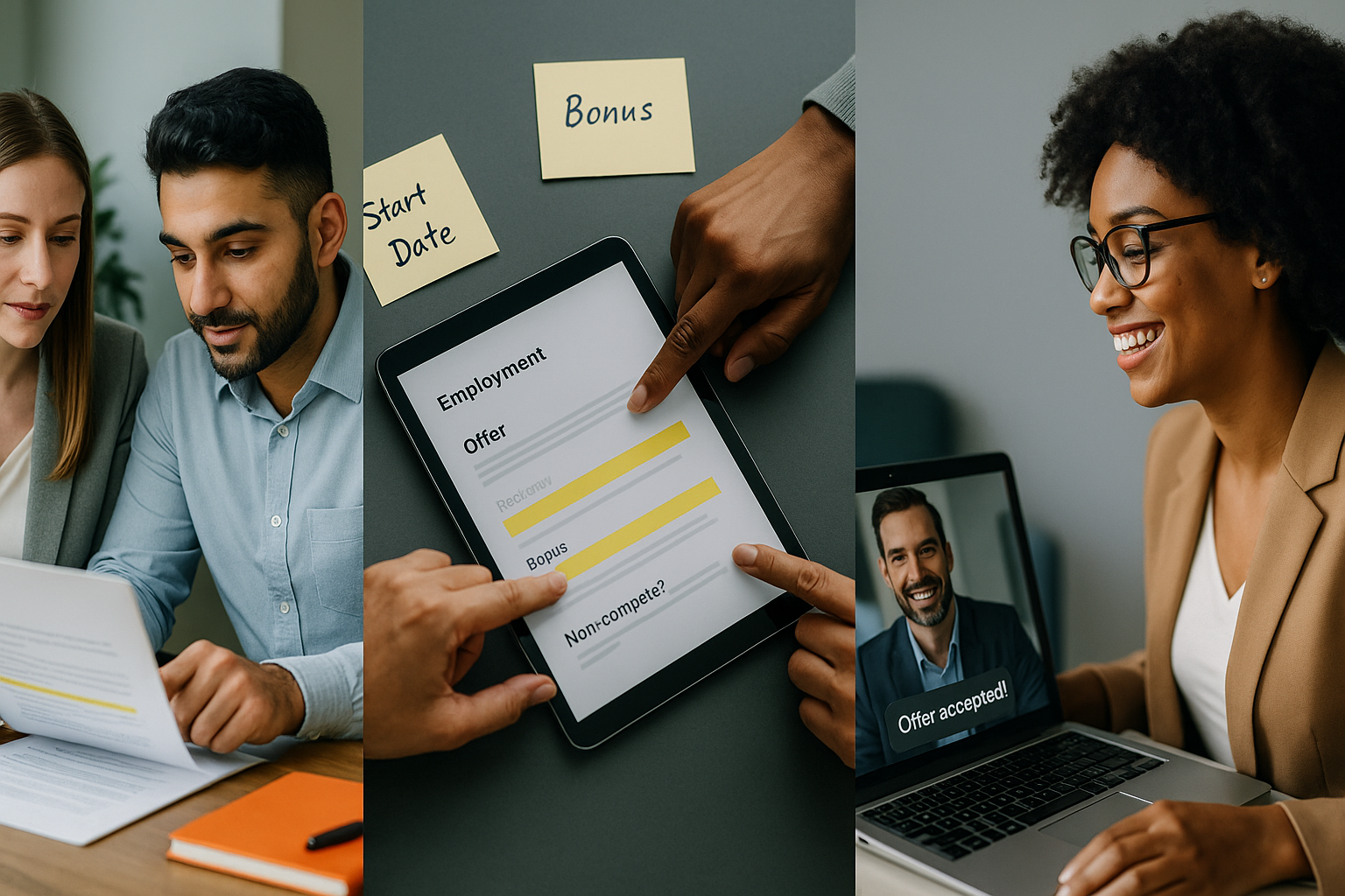 Professional recruiters helping candidates review employment contracts and job offers with AI analysis